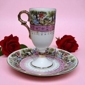 Romantic Vintage Arnart Fragonard Love Story Tea Cup & Saucer Pink Gold Details